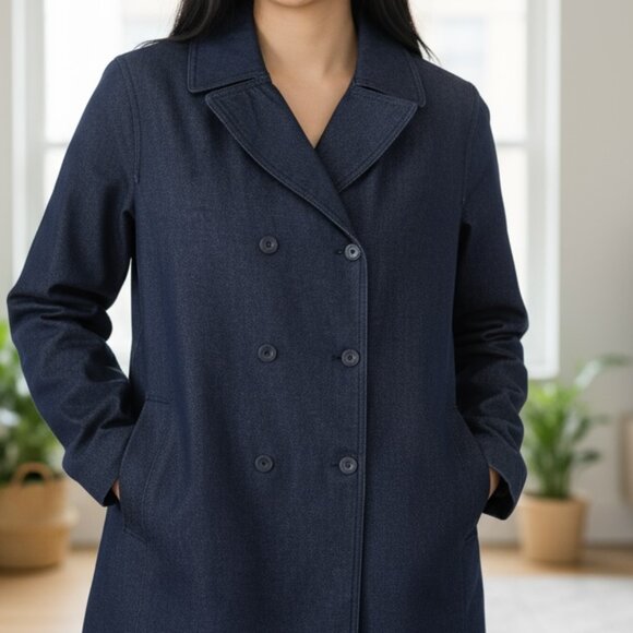 VTG GAP Mid Length Denim Double Breasted Trench Coat Women's Size XL Dark Wash - Picture 1 of 16